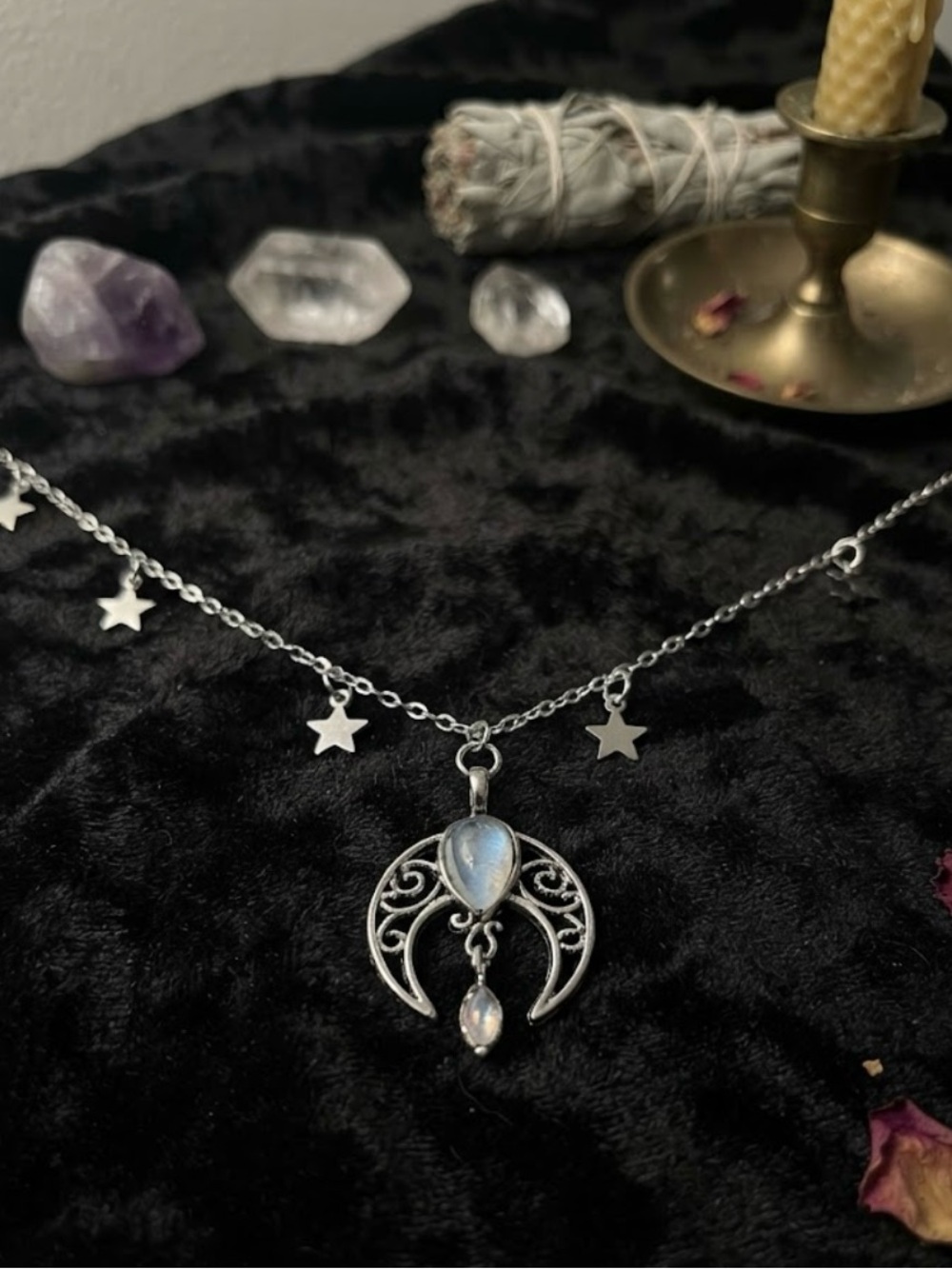 Hand Crafted Crescent Moon Pendant Necklace with Star Charms
